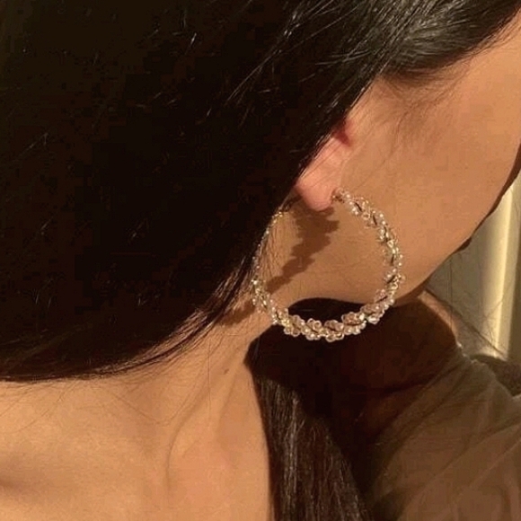 Gold hoop earrings Beaded Statement Boho faux Pearl chunky twist 💖2/$30 - Picture 10 of 14